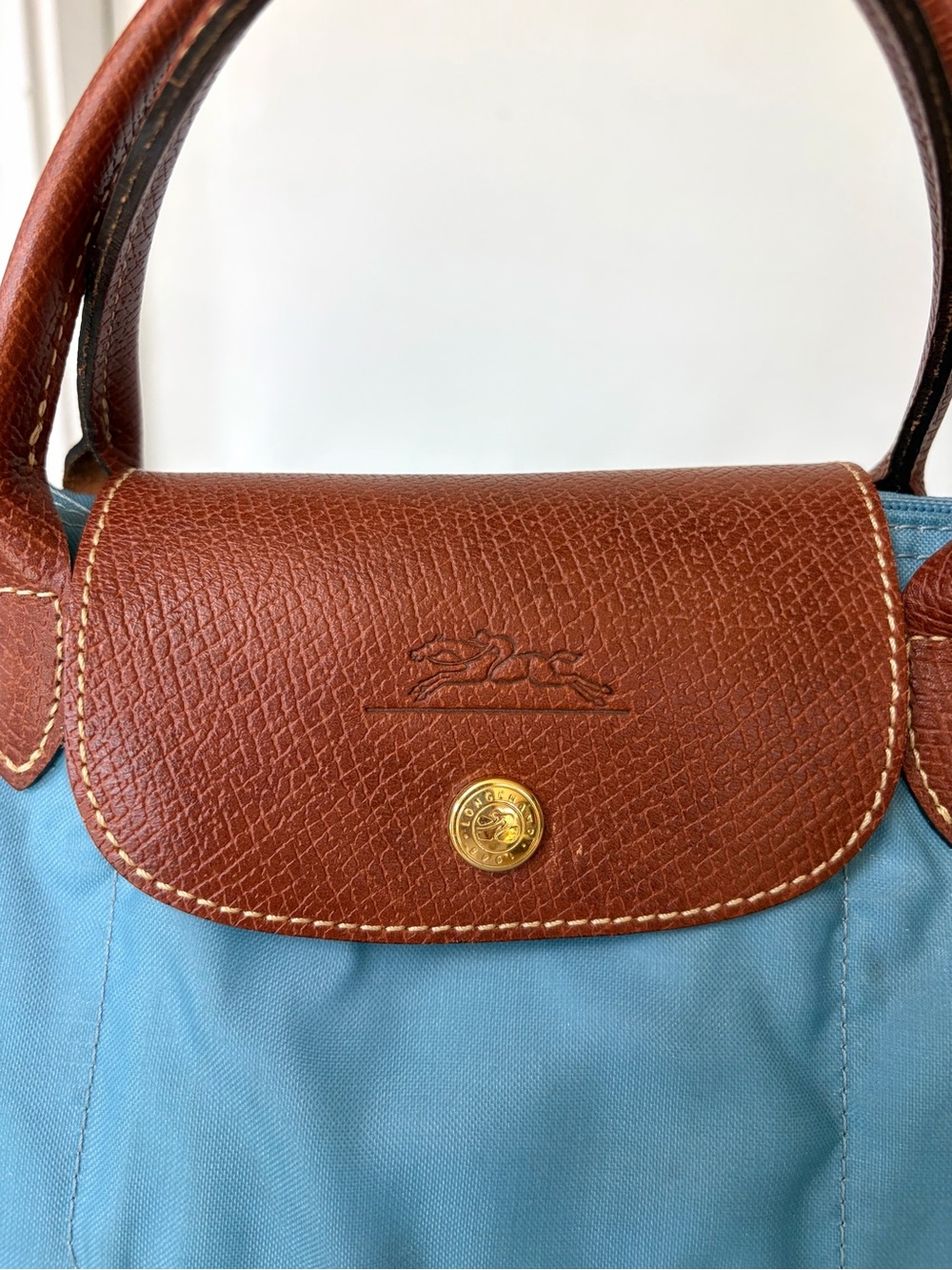 Longchamp Le Pliage Top-Handle Tote in Light Blue w Brown leather, GUC - Picture 4 of 16